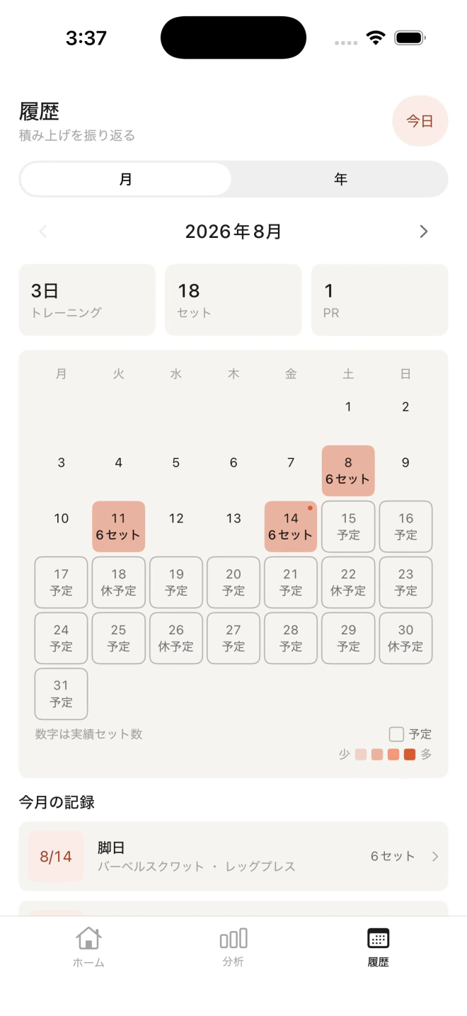 kageの履歴画面。過去のトレーニングセッションを日付順に表示している
