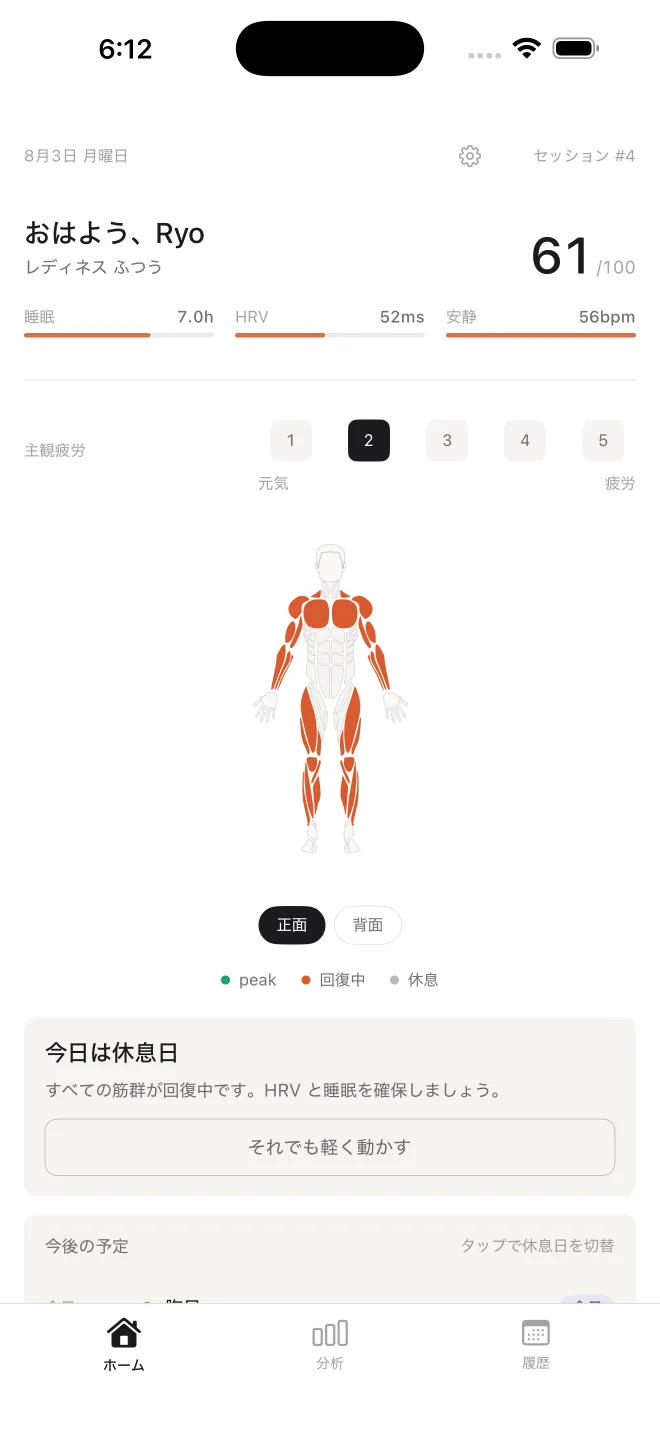 レディネス、睡眠、HRV、部位別の回復状態を表示するkageのホーム画面
